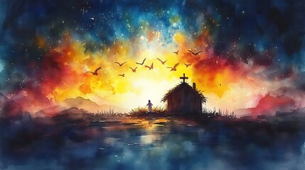 holy spirit over the manger with baby jesus watercolor illustration