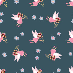 Magical Seamless Pattern with Fairies. Design for fabric, textile, wallpaper, packaging, nursery.	