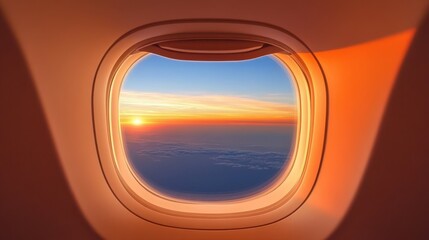 Airplane window view of a beautiful sunrise over clouds.