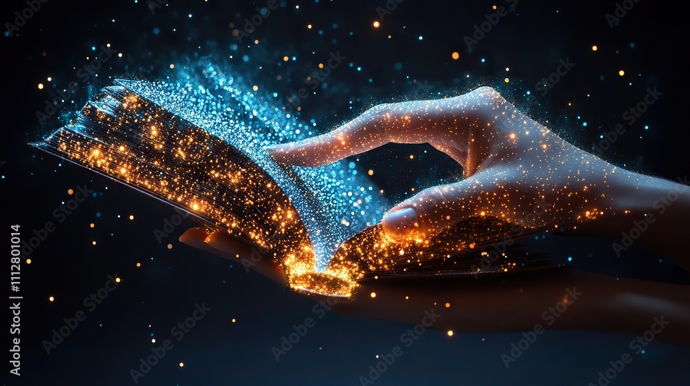 Poster human hand touching on a book low poly wireframe online education blue background or concept with op