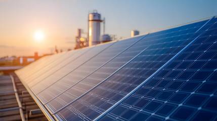 Obraz premium Solar panels installed next to a biofuel plant, representing a hybrid energy solution with renewable sources for sustainable power generation and eco-friendly technology