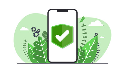 Vector illustration. Accept shield design. Phone with blue background and leaves. Design for banner, template, background.