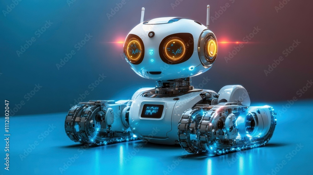 Poster tech innovation trends. futuristic robot with glowing eyes and wheels exploring technology concepts 