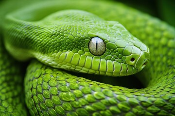 Obraz premium Close-up of the head and body of an emerald green snake, with its scales shimmering in shades of bright lime green. The background is dark gray to highlight details.