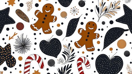 Festive seamless pattern with gingerbread men, candy canes, stars, hearts, and leaves on white background.