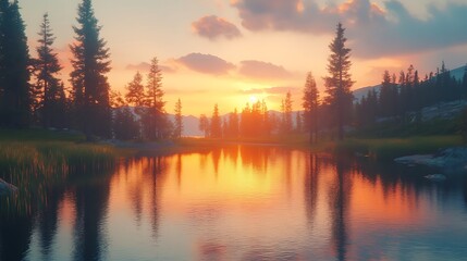 Fototapeta premium A beautiful sunset over a lake with trees in the background