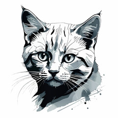 cat black and white ink illustration