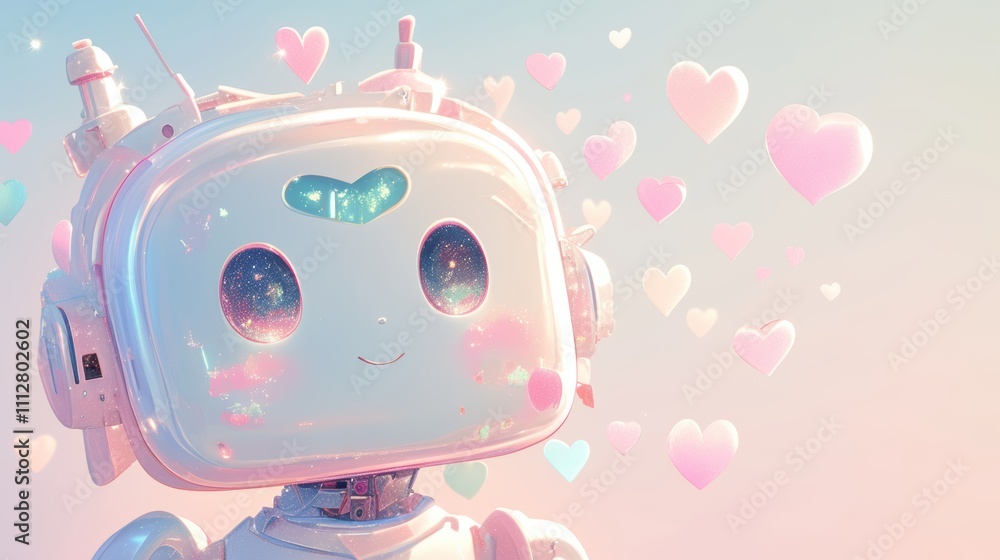 Poster a cute robot with a smiling face surrounded by floating hearts.