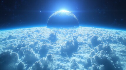 Space Exploration Technologies. Planet Earth rising above cloud layer at sunrise, futuristic space exploration background for science, technology, astronomy, education, or environmental themes with b