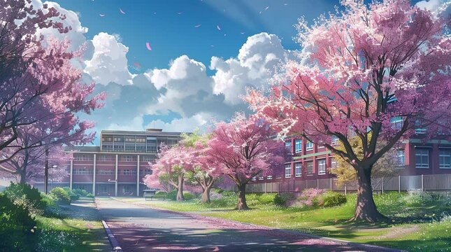 School buildings surrounded by blooming sakura trees under clear blue sky on a sunny spring day
Seamless looping 4k time-lapse virtual video animation Generated AI
