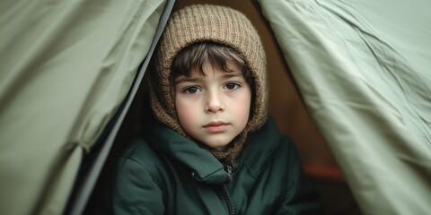 Child in winter clothing inside tent reflecting refugee experience