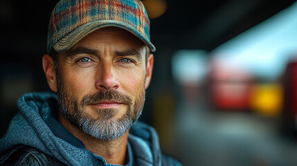 Fototapeta premium Man with a plaid cap and beard stands confidently in a vibrant urban setting during golden hour. Generative AI