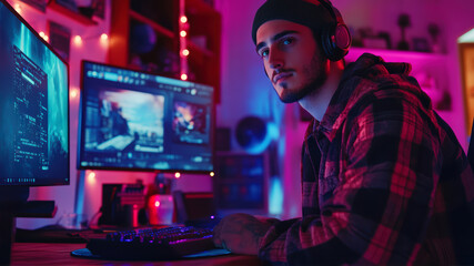 Obraz premium Handsome Gamer Immersed in an Exciting Gaming Session at Night