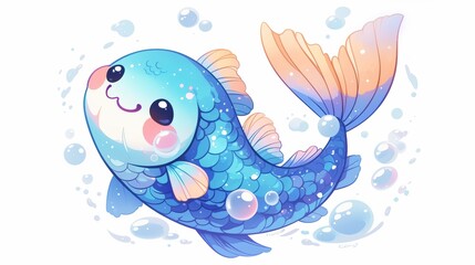 A cute, cartoon-style fish with a smiling face and colorful scales.