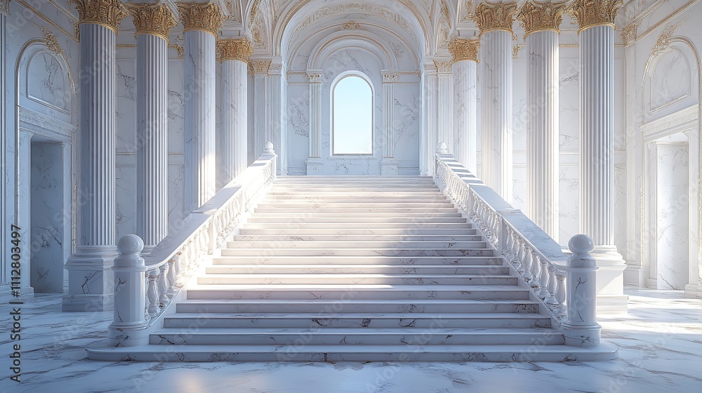 Poster interior marble stairs with pillars and columns in a palace castle or theater set against a white ba
