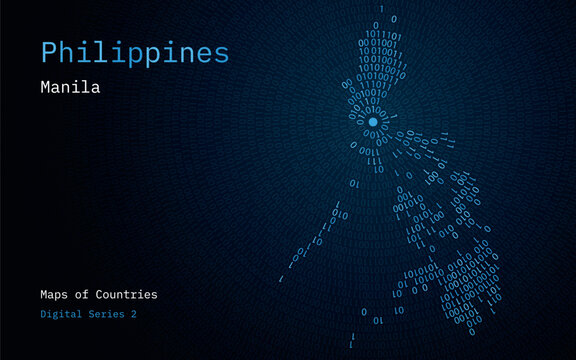 A map of Philippines depicted in zeros and ones in the form of a circle. The capital, Manila, is shown in the center of the circle