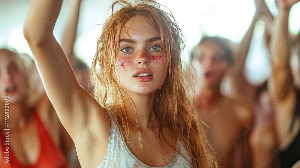 Aufkleber isolated against a white background a woman with an injured arm is seen pointing up in front of othe