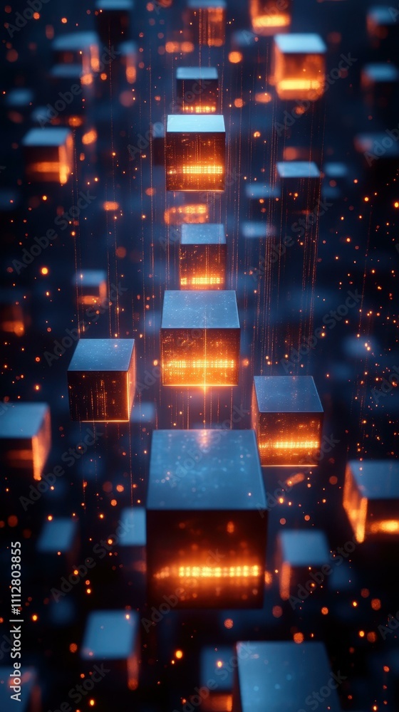 Poster Neon Light Patterns. Futuristic glowing orange cubes floating in dark digital space with spark particles, technology background for innovation, AI concept, data visualization, futuristic design and s
