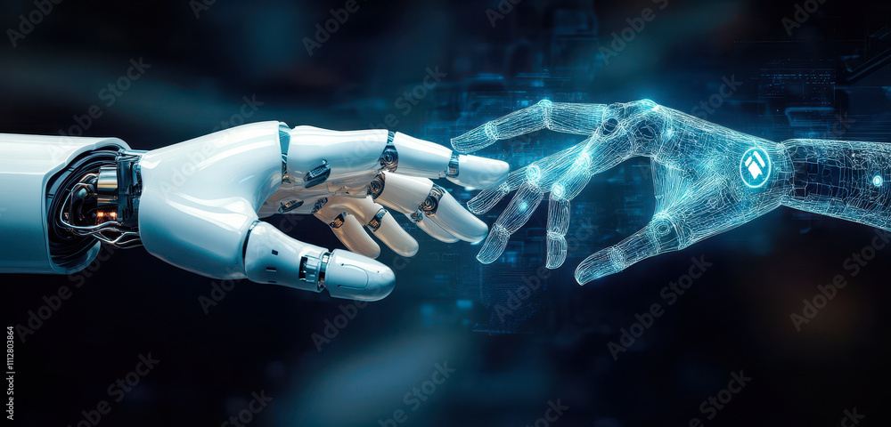Poster human and robot hands connecting in ai and big data network for innovation and learning