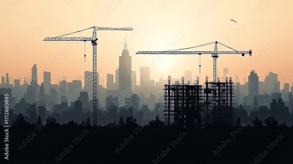 Poster isolated black silhouette of a building site against a white backdrop cranes used for construction a