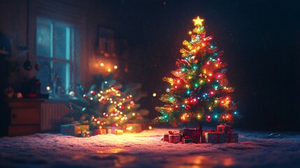 A cozy room with two decorated Christmas trees, adorned with colorful lights and surrounded by presents, creating a festive atmosphere.