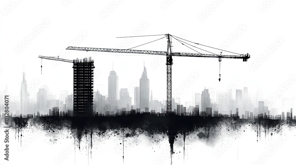 Aufkleber isolated black silhouette of a building site against a white backdrop cranes used for construction a