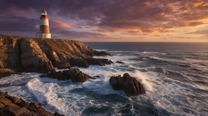 Obraz premium Dramatic sunset over a coastal lighthouse with crashing waves.