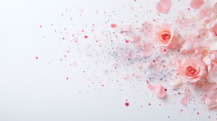 Frame made of rose flowers, confetti on pink background. Valentine's Day background.