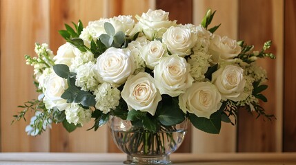 A beautiful bouquet of white roses and greenery arranged in a glass vase, set against a wooden backdrop.