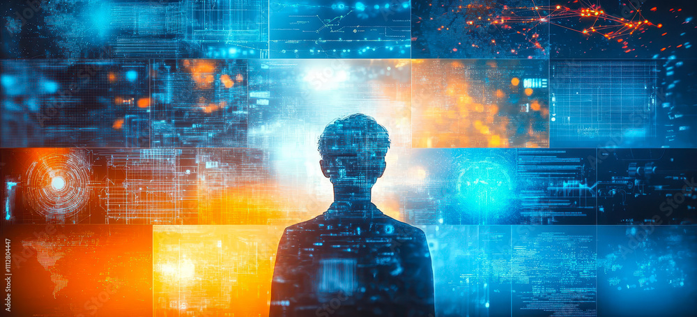 Poster futuristic technology collage with digital interface and data visualization concepts