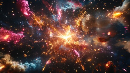 Obraz premium Explosive Cosmic Nebula with Bright Colors and Starry Background