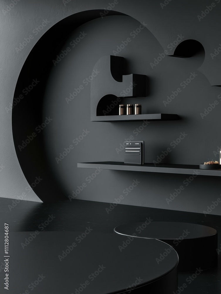 Poster wallet showcase checkout counter and wallet placed strategically beside an empty circle podium on a 