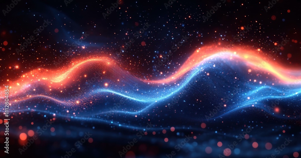 Aufkleber a blue and orange dynamic digital illustration with undulating lines dots and waveforms in vibrant b