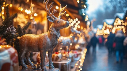 A festive market scene featuring a decorative reindeer surrounded by twinkling lights and holiday decorations, capturing the spirit of winter celebrations.