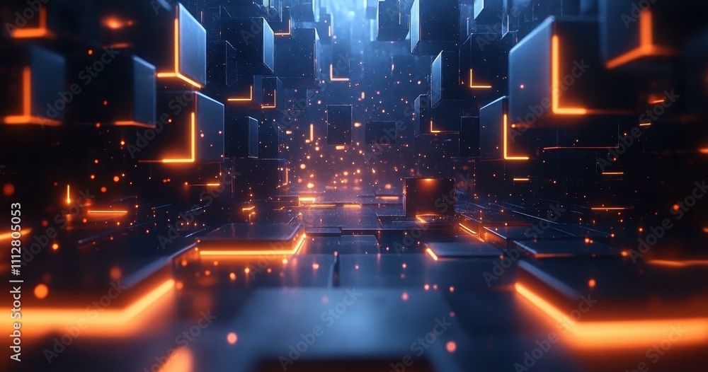 Poster virtual reality interface. futuristic glowing digital cubes floating in abstract space with neon ora