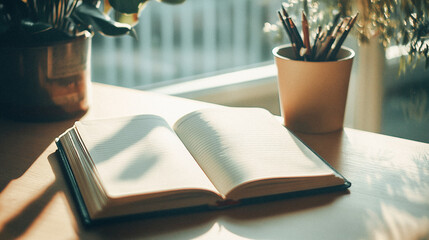 An open notebook, day planner, diary for notes with clean white pages lies on a table in warm sunlight. Planning things to do for new year. Stationery