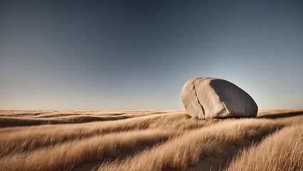 Sunny Landscape with Large Boulder Dry Grass and Blue Sky.