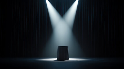 A dramatic spotlight illuminates a central object on a dimly lit stage.
