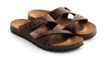 isolated pair of dark brown leather sandals against a white backdro