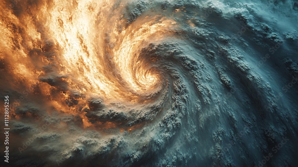 Poster a swirling vortex of clouds and fiery light, creating a dramatic contrast in colors and showcasing t