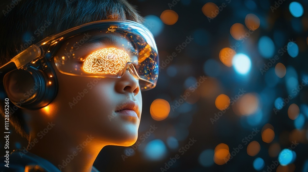 Poster a teenage boy using a brain-computer interface his glowing face controlling virtual elements with th