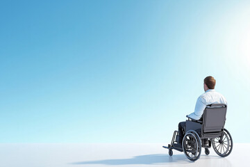 Naklejka premium Man in wheelchair gazes at clear blue sky in serene outdoor setting