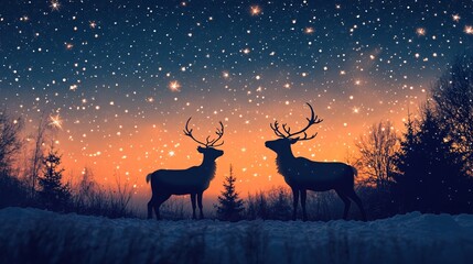 Two majestic deer stand silhouetted against a starry night sky, surrounded by a tranquil winter landscape illuminated by a warm sunset glow.