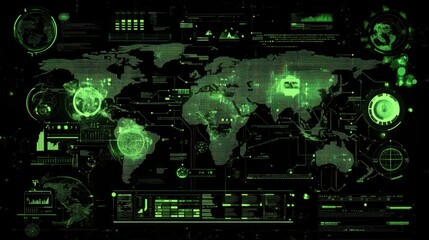 World Map with Data Visualization and Green Technology Elements