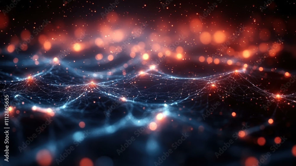 Poster an complexity revealed glowing nodes and lines forming a dynamic web-like mesh in a dark backdrop