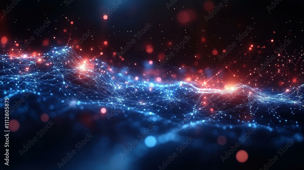 Poster Digital Innovation Visualization. Abstract digital network with glowing particles, futuristic technology concept for innovation, data visualization, background design, science, and digital transforma