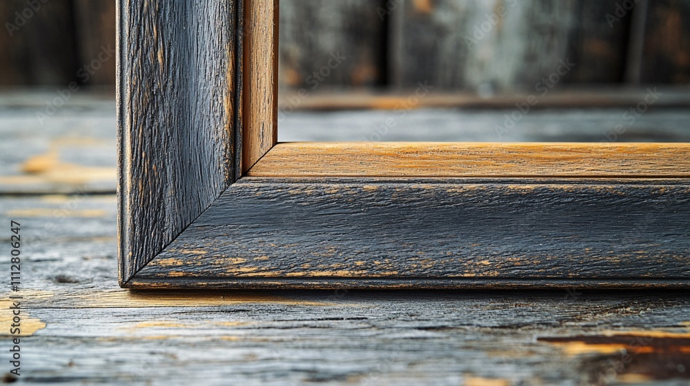 Poster a close-up of a rustic wooden picture frame resting on a weathered surface, showcasing its textured 