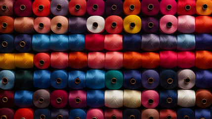 Colourful spools of vibrant thread arranged in a neat pattern, showcasing a variety of bright hues in a visually striking and organised display for sewing or crafting