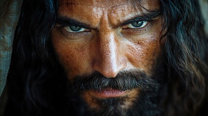 jesus christ close up portrait of a man with long black beard and moustache grunge background