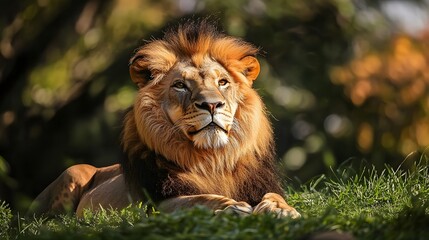 Majestic male lion resting in dappled sunlight, gazing intently.